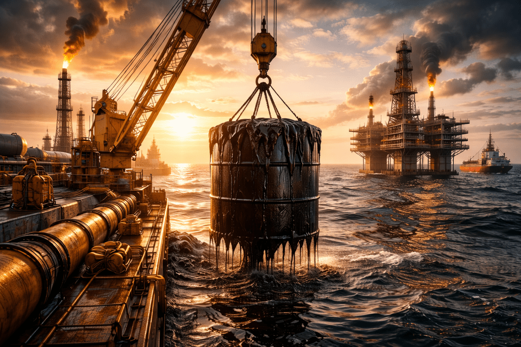 An oil rig in the ocean at sunset, with a crane lowering a dark, cylindrical object into the water, and additional oil rigs visible in the background.