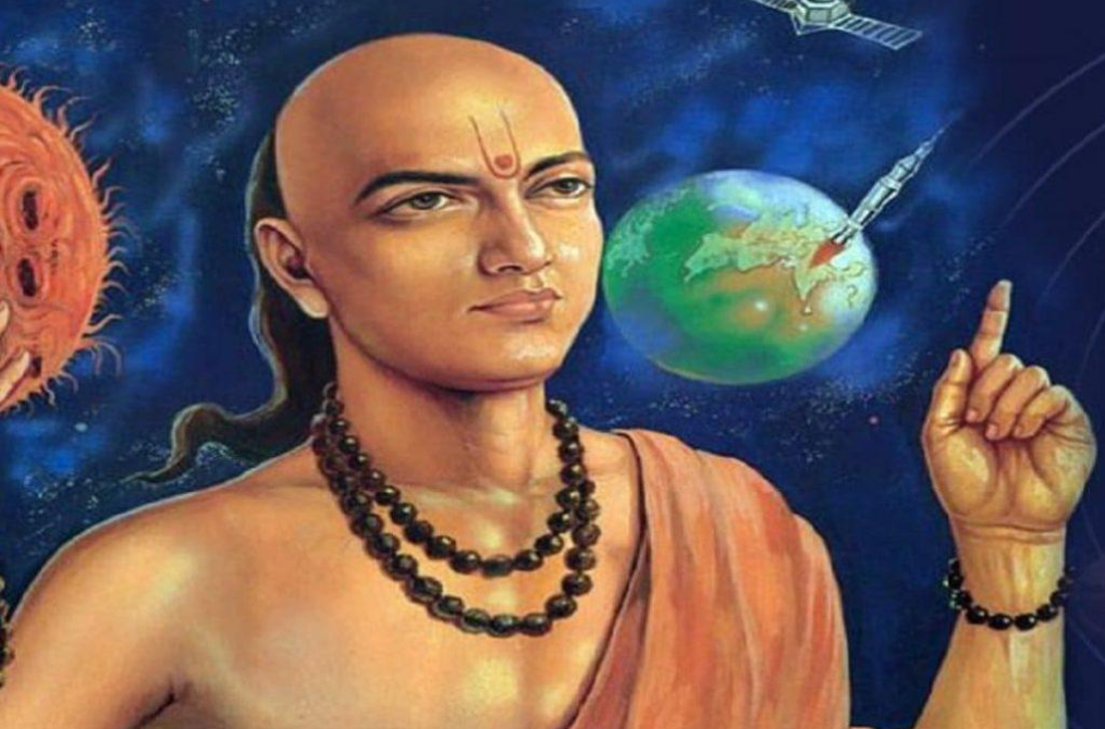 An illustration of a sage with a shaved head and traditional attire, pointing upwards with one finger, surrounded by celestial elements including the sun, Earth, and a spacecraft.