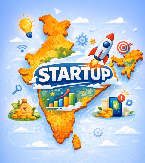 An artistic illustration representing India shaped like a map, featuring symbols of startups including a rocket, money, growth charts, and digital devices, with the word 'STARTUP' prominently displayed.