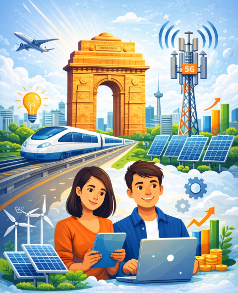 An illustration featuring the India Gate, a modern train, a 5G tower, solar panels, and two young adults engaging with technology, symbolising innovation and sustainable development.