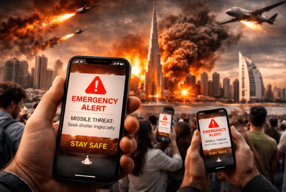 A dramatic scene showing two smartphones displaying an emergency alert about a missile threat, with a city skyline in chaos and explosions in the background.