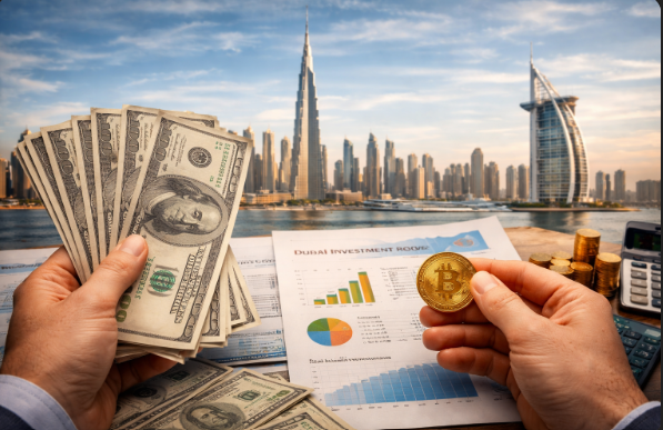 A person holding a handful of US dollar bills in one hand and a Bitcoin in the other, with a skyline view of Dubai in the background, including the Burj Khalifa. Several financial charts and cash are spread out on a table.
