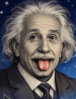 A playful illustration of a man with curly white hair sticking out his tongue, set against a starry background.