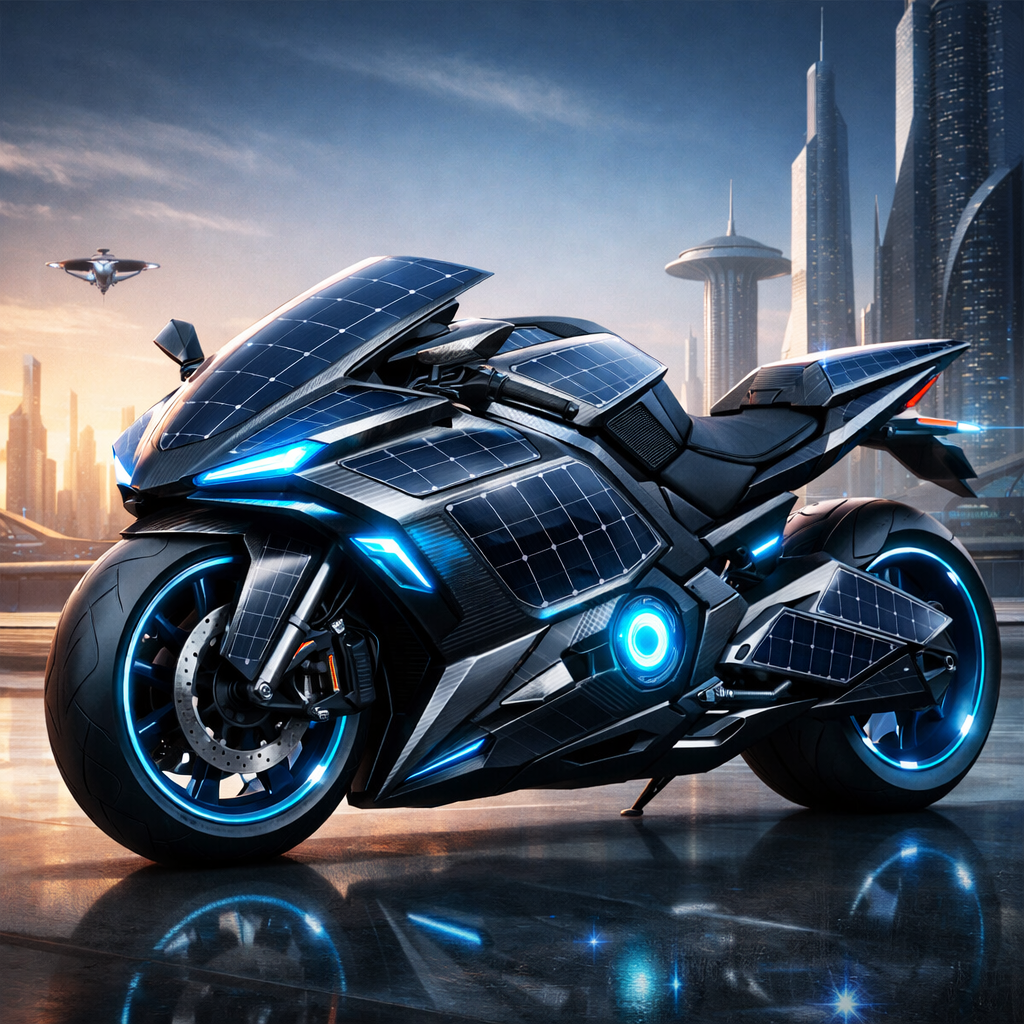 A futuristic motorcycle featuring solar panels, illuminated accents, and a sleek design, set against a backdrop of modern skyscrapers and a futuristic city skyline.